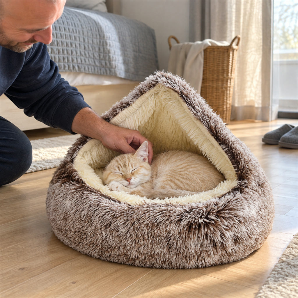 Plüsch-Kuschelhöhle mit Haube für Hund und Katze als runder Schlafplatz – Ø 50 bis 100 cm, Langflor, in Kaffeebraun, Grau und Rosa