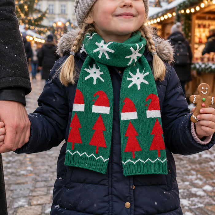 Weihnachts-Strickschal für Kinder für Winter und Festtage – gestrickt, weihnachtliches Motiv, in Grün und Rot
