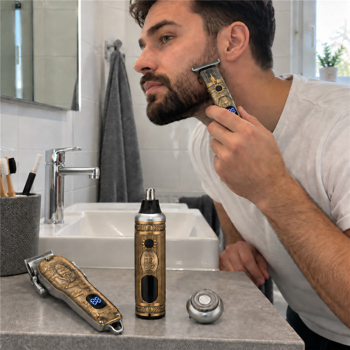 4-in-1 Haarschneider-Set mit Haarschneidemaschine, Trimmer, Nasenhaartrimmer und Rasieraufsatz – Goldoptik mit Ornamenten, Digitalanzeige