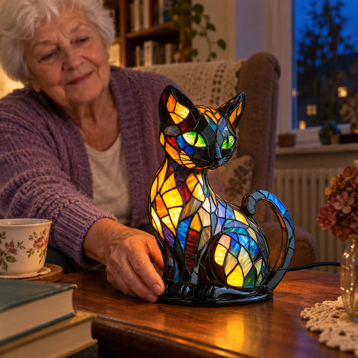 Katzen-Tischlampe aus Buntglas im Tiffany-Stil für Wohnzimmer und Schlafzimmer – Katzenform, farbiges Glas, dekoratives Licht