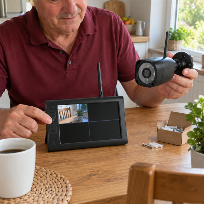 Funk-Überwachungsset mit Kamera und LCD-Monitor für Haus, Hof und Büro – kabellose Bildübertragung, Vierfach-Ansicht, Aufnahmetaste