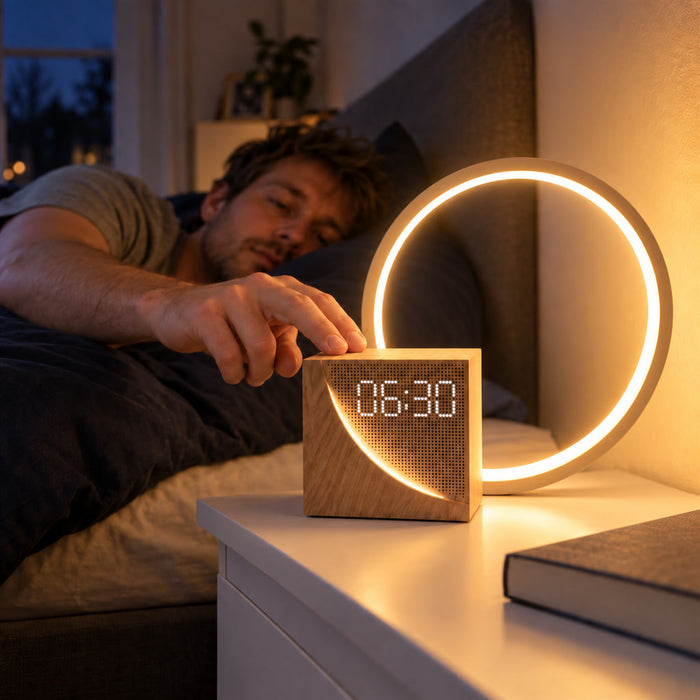 Lichtwecker mit Sonnenaufgangssimulation für Schlafzimmer und Morgenroutine – sanftes Aufwachen mit Licht, Nachttisch