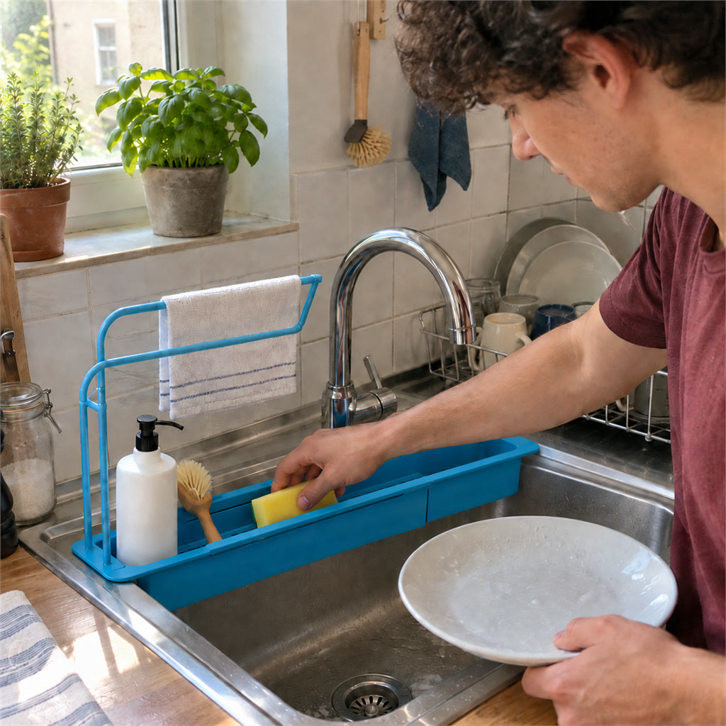 Ausziehbarer Spülbecken-Organizer für Küche und Bad – Ablage für Schwamm und Spülmittel, in 5 Farben