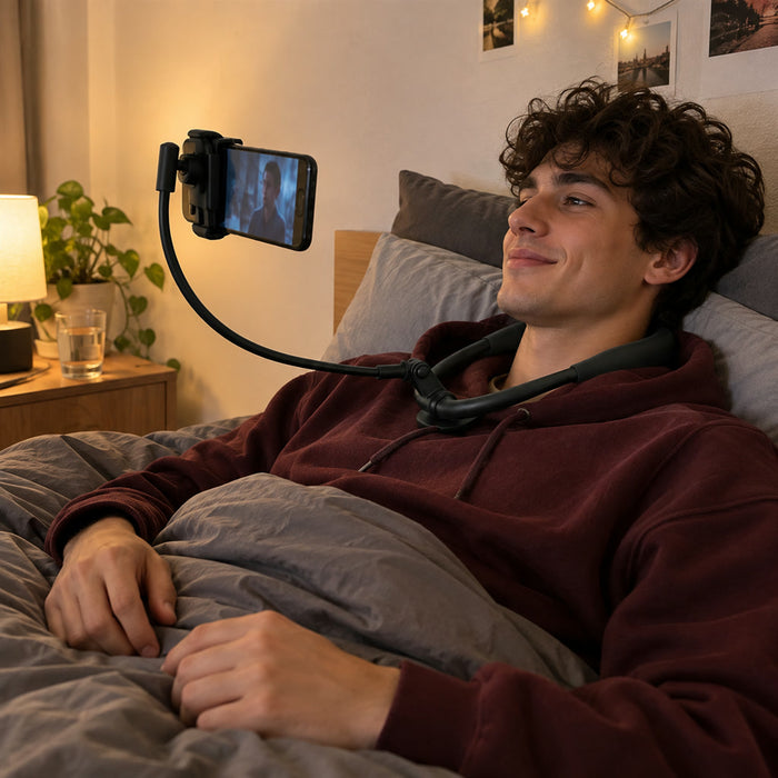 Hals-Handyhalter zum Umhängen mit biegsamem Arm für Sofa, Bett und Küche – Smartphone freihändig vor dem Gesicht, gepolsterter Nackenbügel, Schwarz