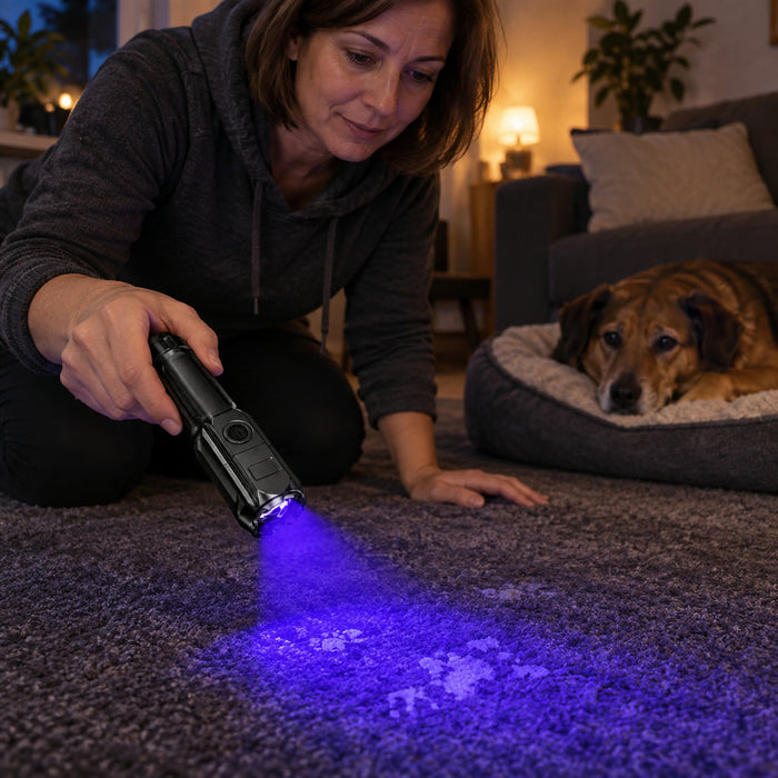Aufladbare UV-Taschenlampe mit Schwarzlicht und Zoom für Flecken, Haustier-Spuren und Kontrolle – Akku statt Batterien