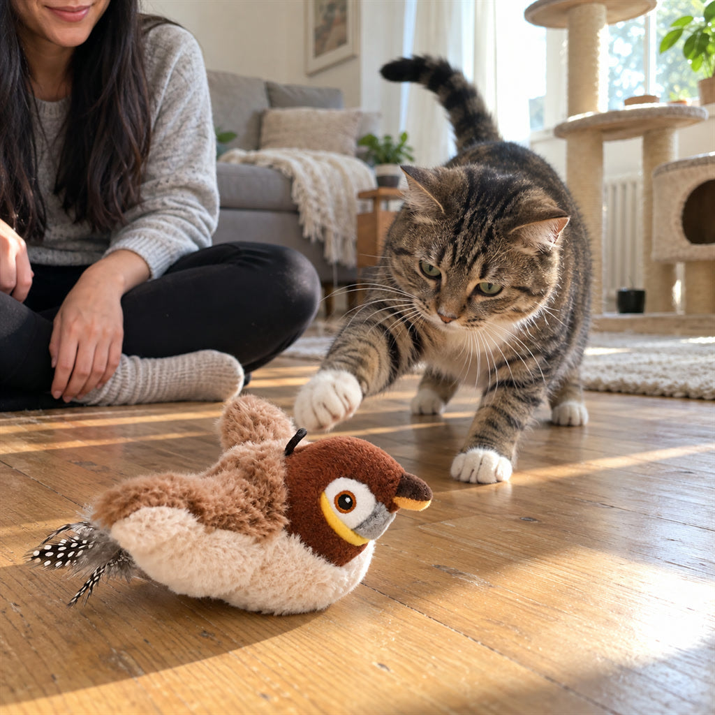 Flatternder Plüschvogel als interaktives Katzenspielzeug für Wohnungskatzen – mit Zwitschergeräusch, 3 Modi, per USB aufladbar, ca. 23 cm