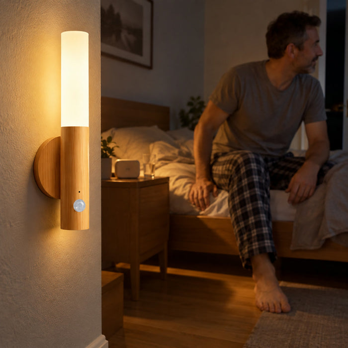Kabellose LED-Wandleuchte mit Bewegungsmelder und Magnethalter für Flur, Schlafzimmer und Treppe – 3 Lichtfarben, dimmbar, Goldbraun oder Braun