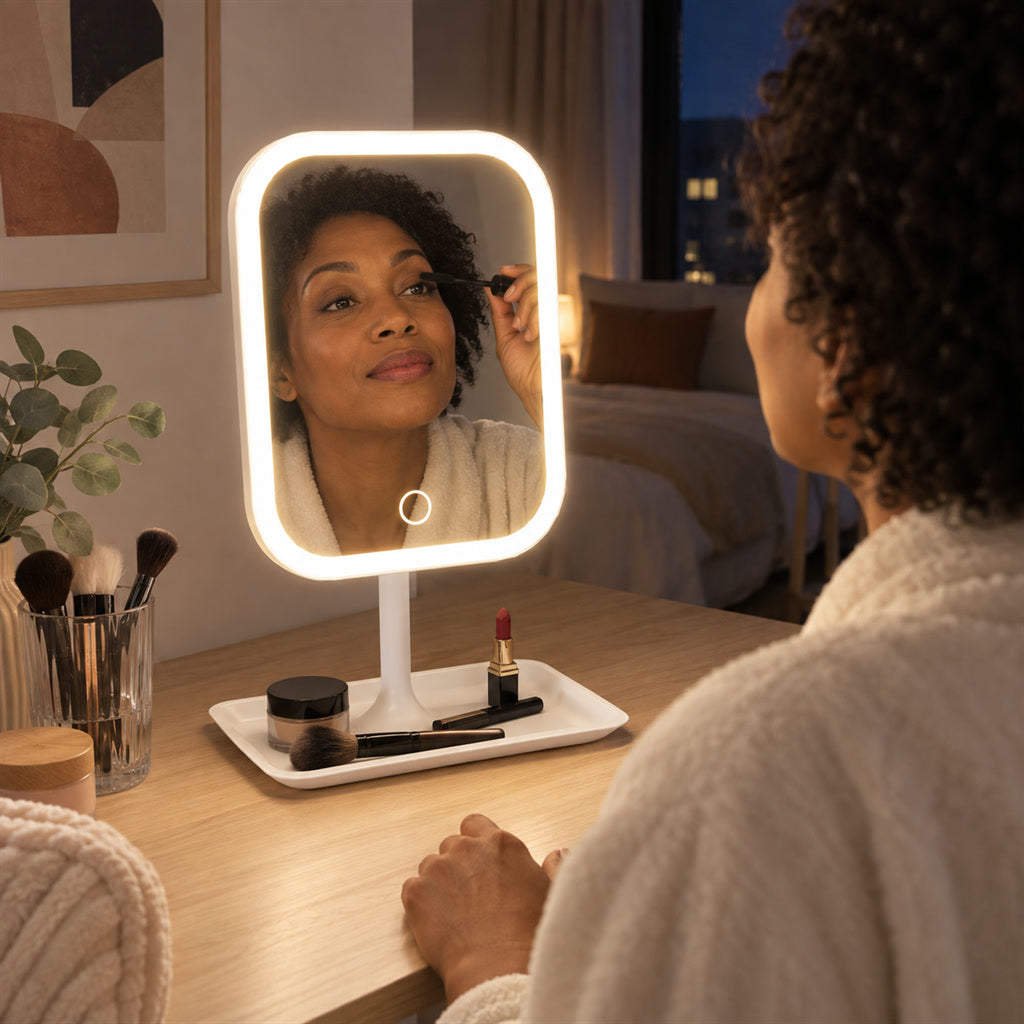 LED-Schminkspiegel mit Standfuß und Ablageschale für Schminktisch und Bad – 270° drehbar, hoch oder quer, per USB aufladbar, Weiß oder Rosa