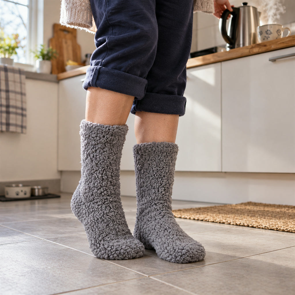 Flauschige Kuschelsocken in Teddy-Plüsch-Optik für Sofa, Homeoffice und kalte Fliesen – weich und warm, in Weiß, Khaki oder Grau