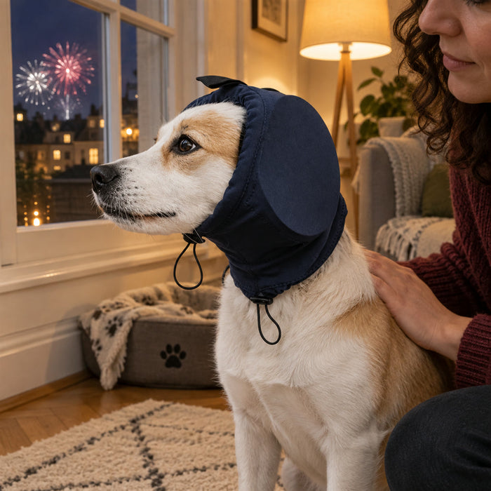 Lärmschutz-Haube für Hunde bei Feuerwerk, Gewitter und lauten Geräuschen – Ohrenschutz mit Kordelzug, Schwarz oder Blau, Größen S bis XL