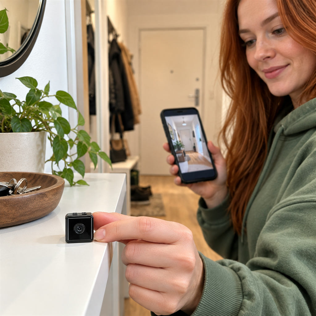 Mini-WLAN-Kamera im Würfelformat für Wohnzimmer, Flur und Büro – Live-Bild aufs Smartphone, Tag- und Nachtmodus, Akku, für innen
