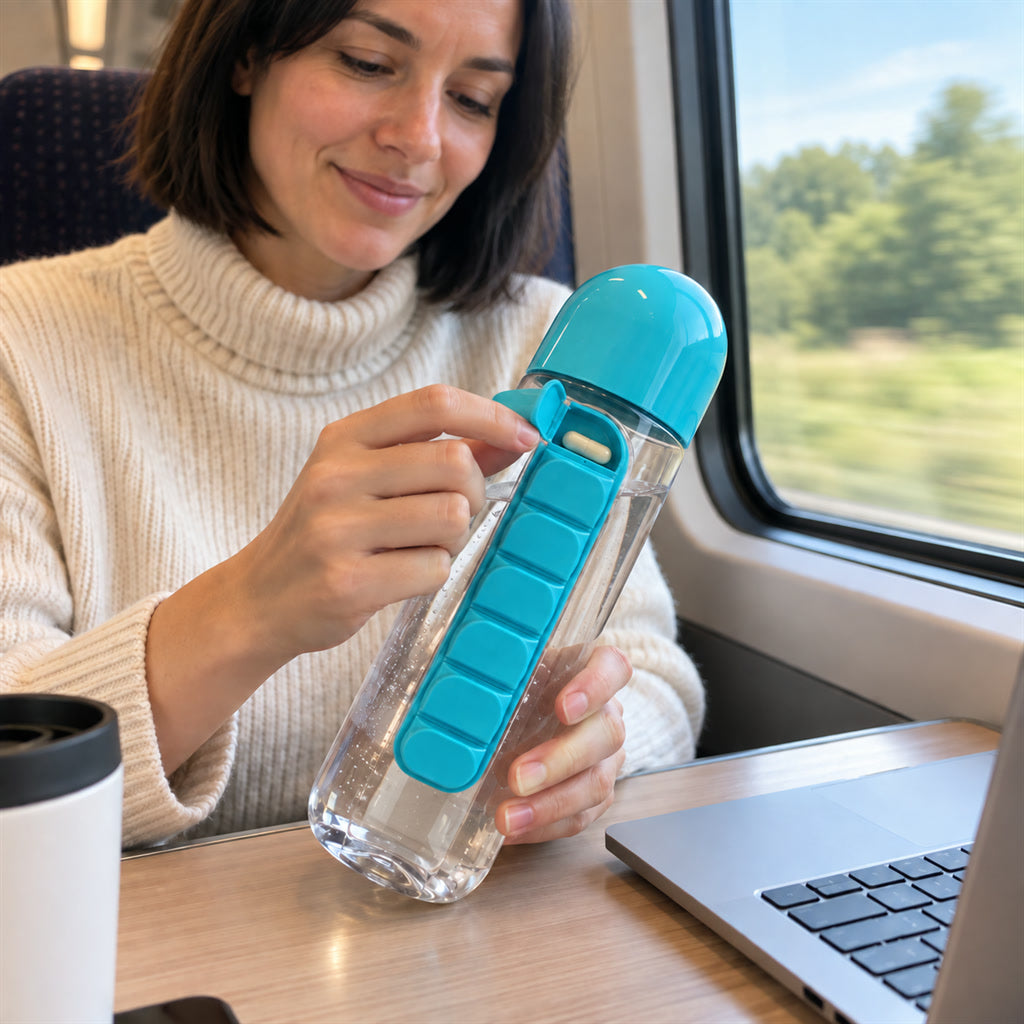 Trinkflasche mit 7-Tage-Pillenfach für Büro, Sport und Reisen – Getränk und Wochenration Tabletten in einem, transparent, in 5 Farben