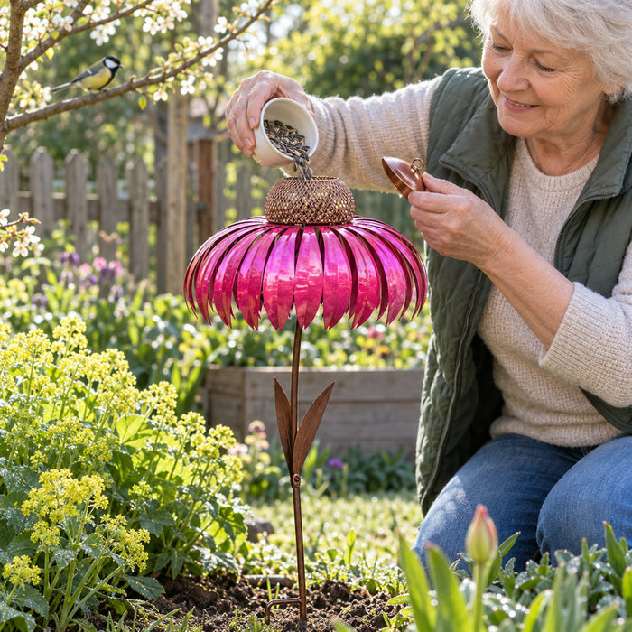 Vogelfutterspender als Metallblume mit Erdspieß für Garten und Beet – Sonnenhut-Design mit Gitterkorb für Körnerfutter, in Rosa, Blau oder Orange