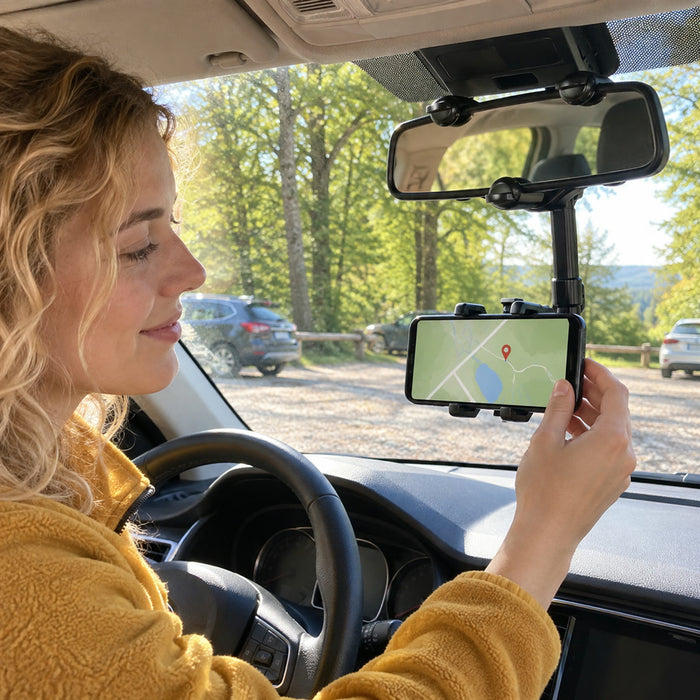 Ausziehbarer Handyhalter für den Auto-Rückspiegel für Navigation und Freisprechen – 360° drehbar, Doppelklemme am Spiegel, hoch oder quer