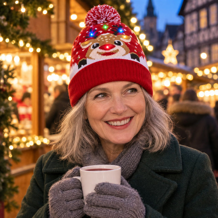 Leuchtende Strickmütze mit Rentiermotiv und Bommel für Weihnachtsfeier und Weihnachtsmarkt – blinkende LED-Lichter, Acryl, in 4 Farben