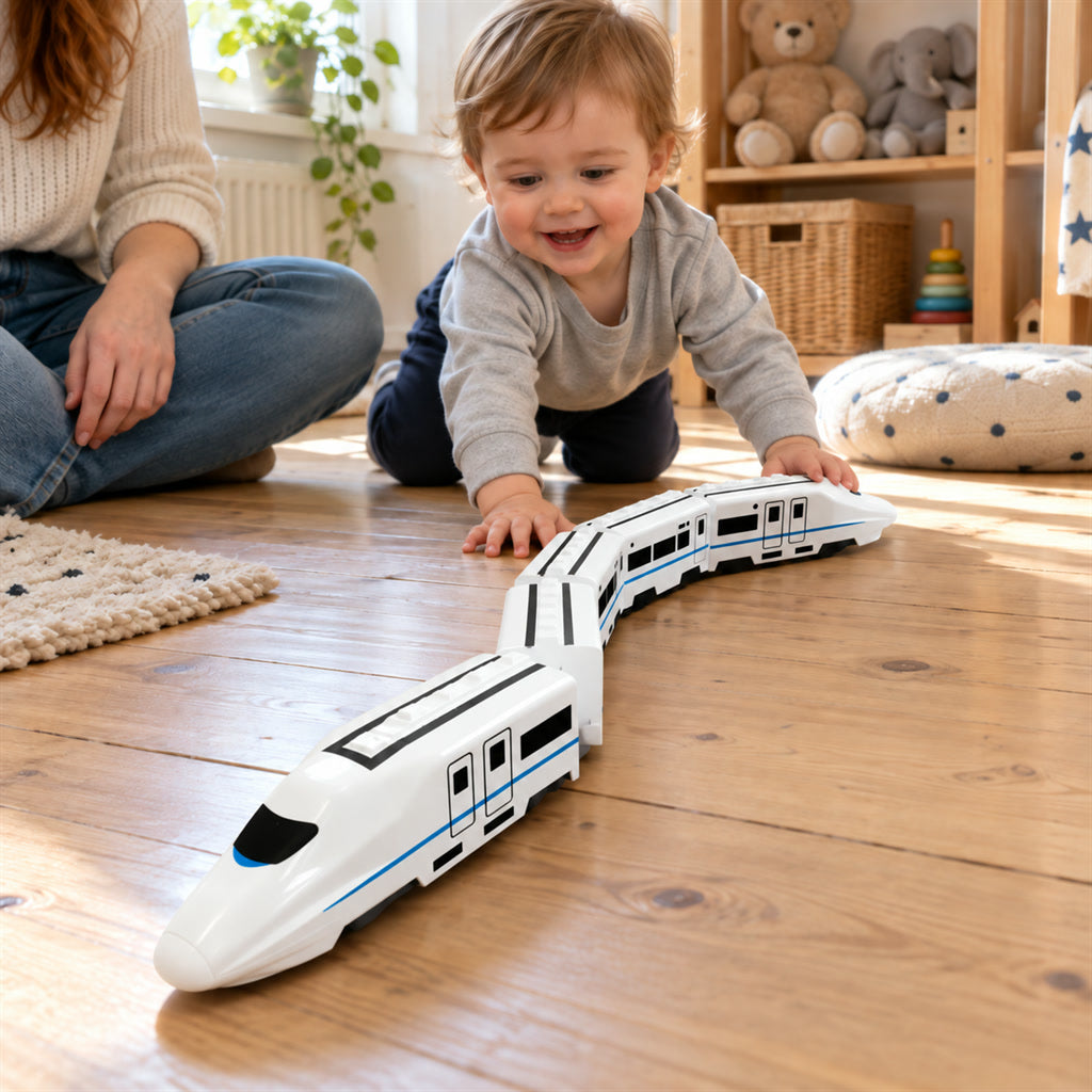 Elektrischer Spielzeugzug im Schnellzug-Design für Kleinkinder und Kinderzimmer – weiß, fährt ohne Schienen, Waggons abnehmbar