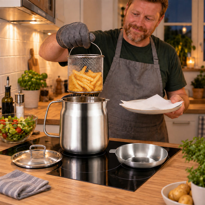 2-in-1 Frittiertopf für Pommes, Tempura und Schnitzel auf dem Herd – Kochgeschirr mit zwei Funktionen für die Küche
