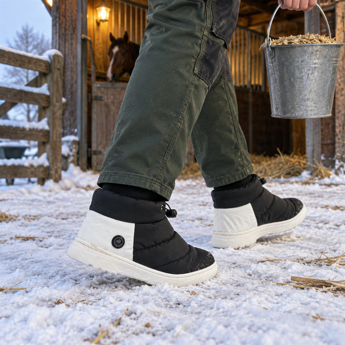 Beheizbare Winterschuhe mit regulierbarer Wärme für Zuhause und draußen – gesteppt, Betrieb per Powerbank, Schwarz oder Grau, S oder L