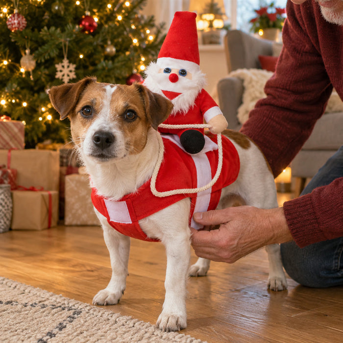 Hundekostüm Weihnachten mit reitendem Santa für Weihnachtsfeier und Fotos – lustige Verkleidung für Hunde in S, M oder L