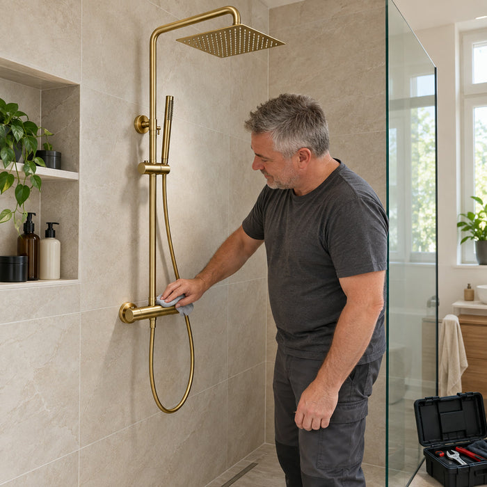 Thermostat-Duschset aus Messing mit Handbrause zur Wandmontage im Badezimmer – quadratische Kopfbrause 20 bis 30 cm, Doppelknopf, 7 Farben