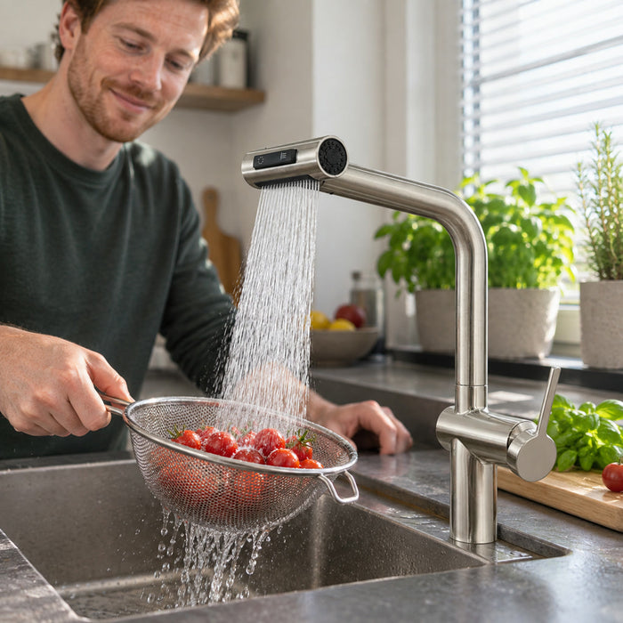 Ausziehbare Küchenarmatur aus massivem Messing mit 3 Strahlarten für die Küchenspüle – 360° drehbar, quadratisch, Einhebel, 6 Farben