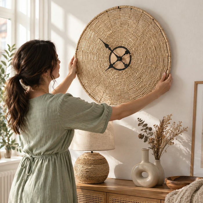Rattan-Wanduhr im japanischen Stil aus Holz, Seil und Eisen für das Wohnzimmer – 60 × 60 oder 80 × 80 cm, rund, geräuschloses Quarzwerk