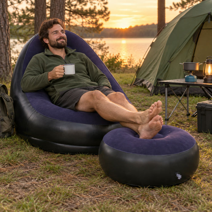 Aufblasbarer Sessel mit Fußhocker aus Vinyl für drinnen, draußen und Camping – wasserdicht, mit Spezialventil, leicht, platzsparend verstaubar