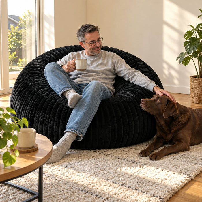 Großer runder Sitzsack aus geripptem Cord als Loungesessel zum Lesen und Spielen – weich und flauschig, ohne Gestell, Schwarz, Grau, Grün oder Weiß