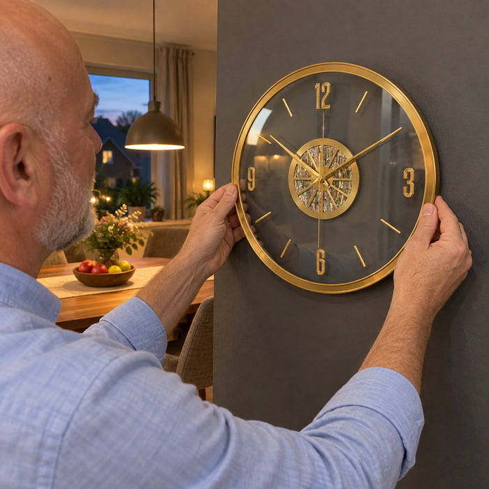Runde Kunst-Wanduhr aus Glas und Metall im nordischen Stil für Wohnzimmer und Esszimmer – Ø 36 oder 40 cm, minimalistisch, geräuschloses Quarzwerk