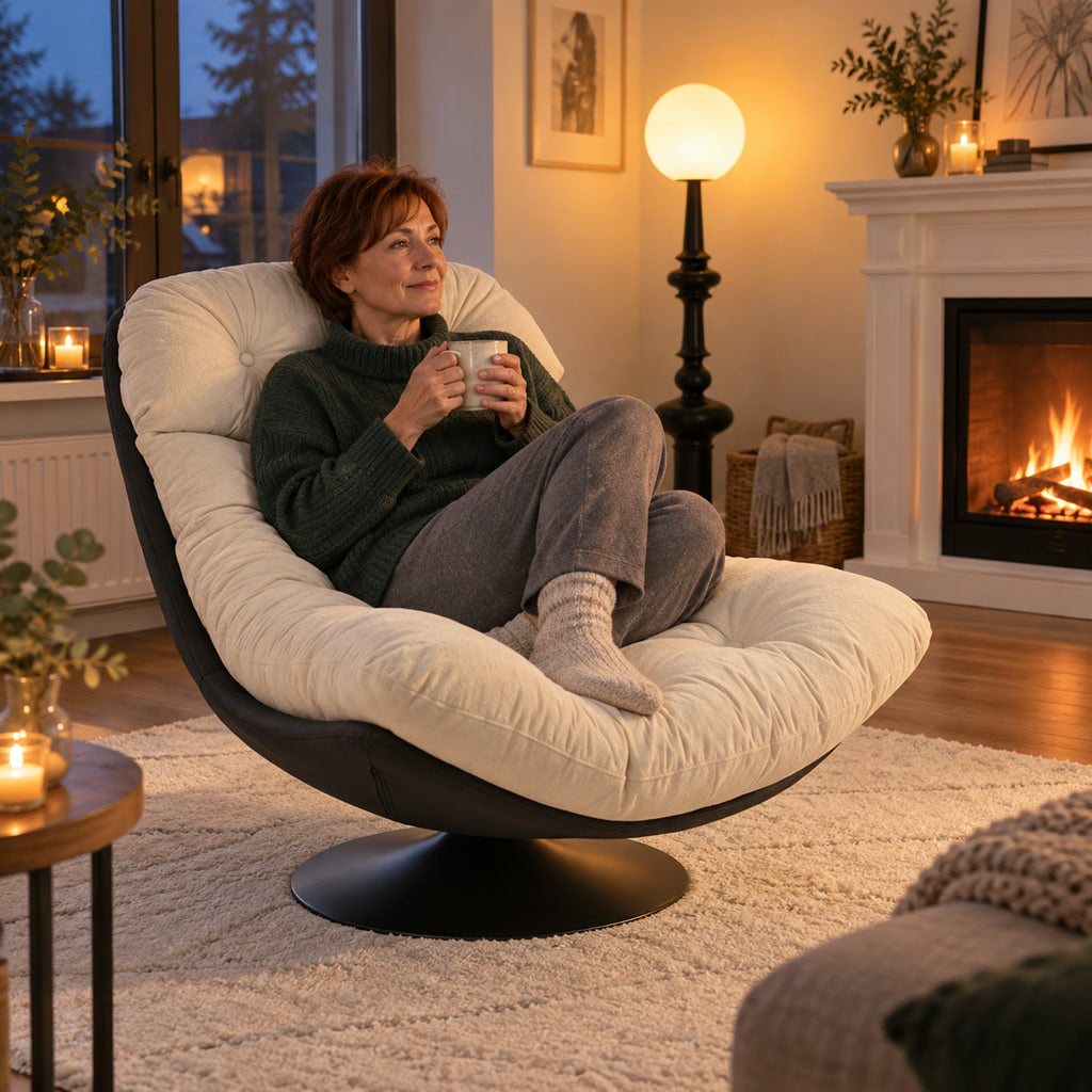 Drehbarer Loungesessel mit Stoffbezug für Balkon, Wohnzimmer und Gaming – gepolstert, Schaukelfunktion, ohne Armlehnen, 4 Ausführungen