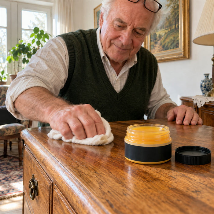 Bienenwachs-Politur für Holzmöbel und Holzböden gegen matte, angegraute Oberflächen – Wachspaste im Tiegel für Tisch, Kommode und Parkett