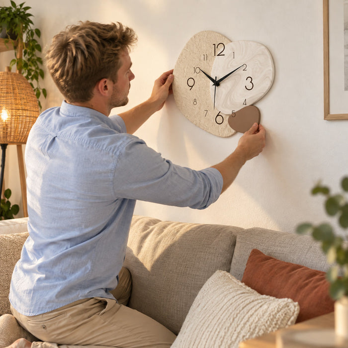 Schlichte Wanduhr aus MDF im japanischen Stil für Schlafzimmer und Wohnzimmer – ca. 30, 36 oder 41 cm, Kieselstein-Form, Creme, leises Quarzwerk