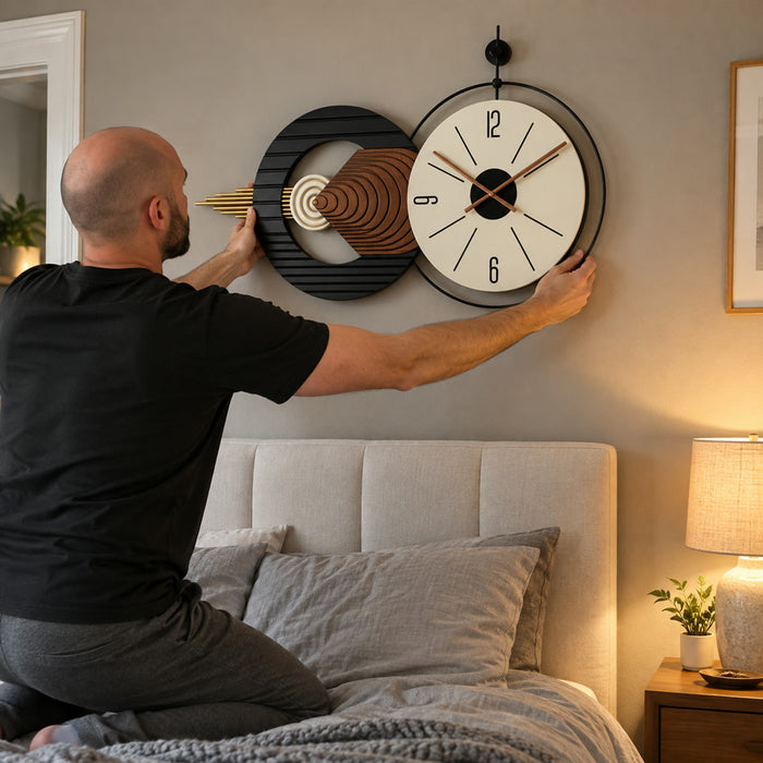 Minimalistische Wanduhr mit Holz-Zifferblatt für Wohnzimmer, Schlafzimmer und Büro – 88 × 51,5 cm, groß, geräuschloses Quarzwerk, modern