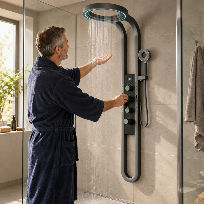 Duschpaneel mit LED-Licht und digitaler Temperaturanzeige für das Badezimmer – Wandmontage, Wasserfall-Kopfbrause, Handbrause, Rückendüse, 2 Farben