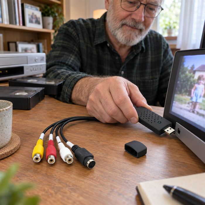 USB-2.0-Videograbber zum Digitalisieren von VHS- und Camcorder-Aufnahmen am PC – Plug-and-Play, PAL und NTSC, Windows und Mac