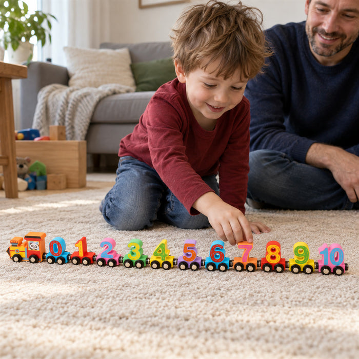 Magnetischer Zahlenzug aus Holz zum Zählenlernen für Kinder von 3 bis 6 Jahren – Zahlen 0 bis 10, Lok 4,5 cm, bunt