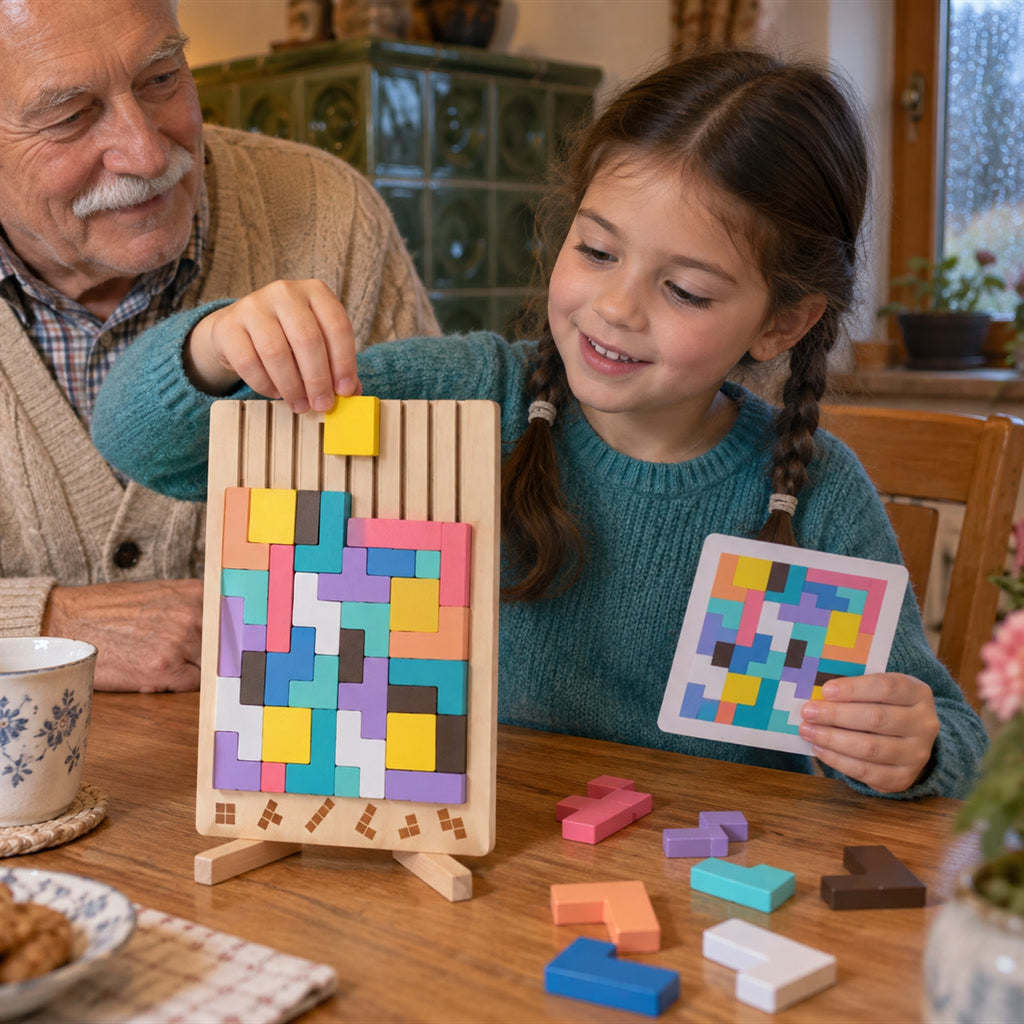Holz-Legespiel mit 42 Formbausteinen und 10 Vorlagenkarten für Kinder zum Knobeln – 9 Formen, Aufstellständer, bunt