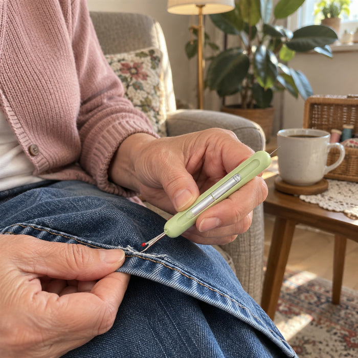 Einfädelhilfe mit Nahttrenner in einem Werkzeug für Nähen und Reparaturen – 10 cm, Edelstahldraht, ABS-Griff, 3 Farben