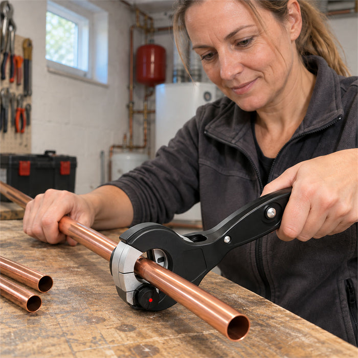 Rohrschneider mit Ratsche für Kupfer, Edelstahl, Aluminium und PVC auf engem Raum – 0,8 bis 2,8 cm, einhändig, Schwarz oder Rot
