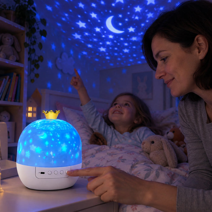 Projektor-Nachtlicht mit Fernbedienung für das Kinderzimmer – 6 Motive, 5 Lichtfarben, Timer, drehend, USB-betrieben