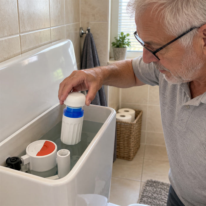 Automatischer WC-Tankreiniger für den Spülkasten gegen Kalk und Gerüche im Bad – wirkt bei jeder Spülung, ohne Werkzeug, duftend
