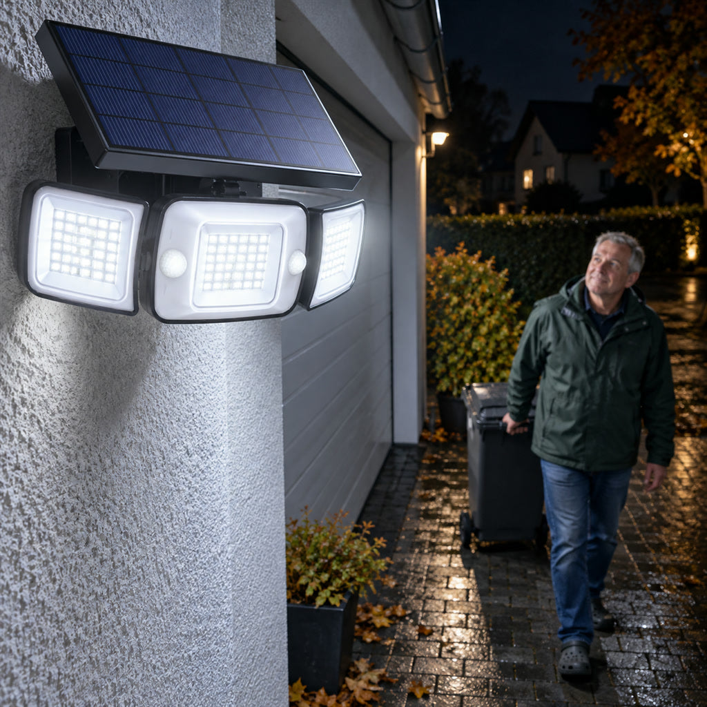 Solar-Außenstrahler mit 3 Leuchtköpfen und Bewegungsmelder für Einfahrt, Garten und Garage – 1200 Lumen, 270°, 3 Modi