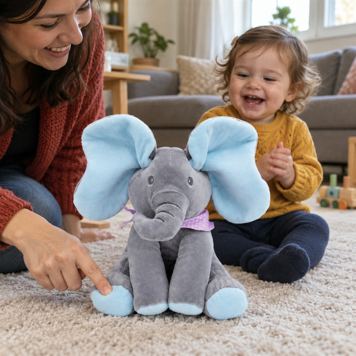 Singender Plüsch-Elefant mit Kuckuck-Spiel für Kleinkinder zu Hause und unterwegs – bewegliche Ohren, 2 Lieder, Blau oder Rosa