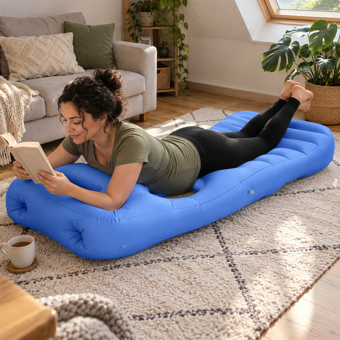 Aufblasbares Schwangerschaftskissen mit Bauchaussparung zum Liegen auf dem Bauch – 165 cm, 2 Luftkammern, PVC, 3 Farben
