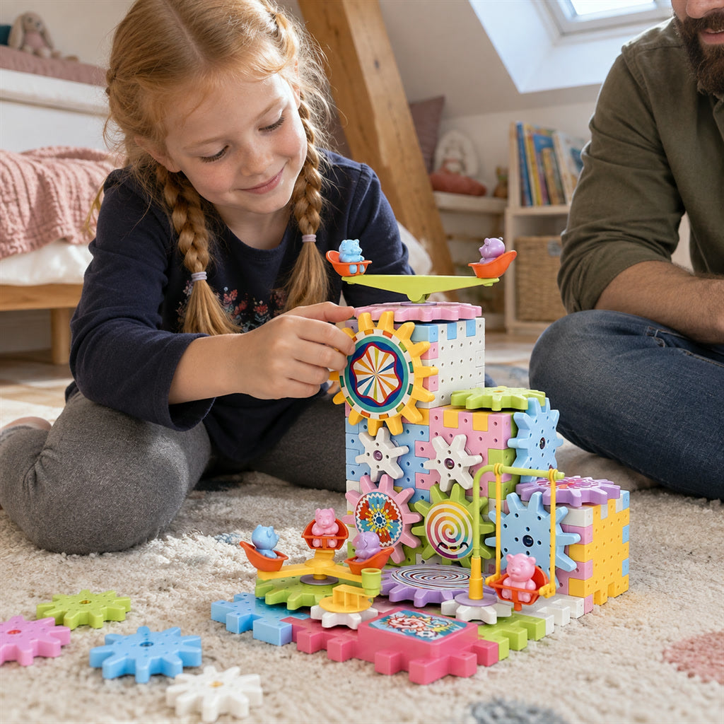 Motorisiertes Zahnrad-Bauset mit 263 Teilen für Kinder zum Bauen von Karussells und Fahrzeugen – ABS, elektrischer Antrieb