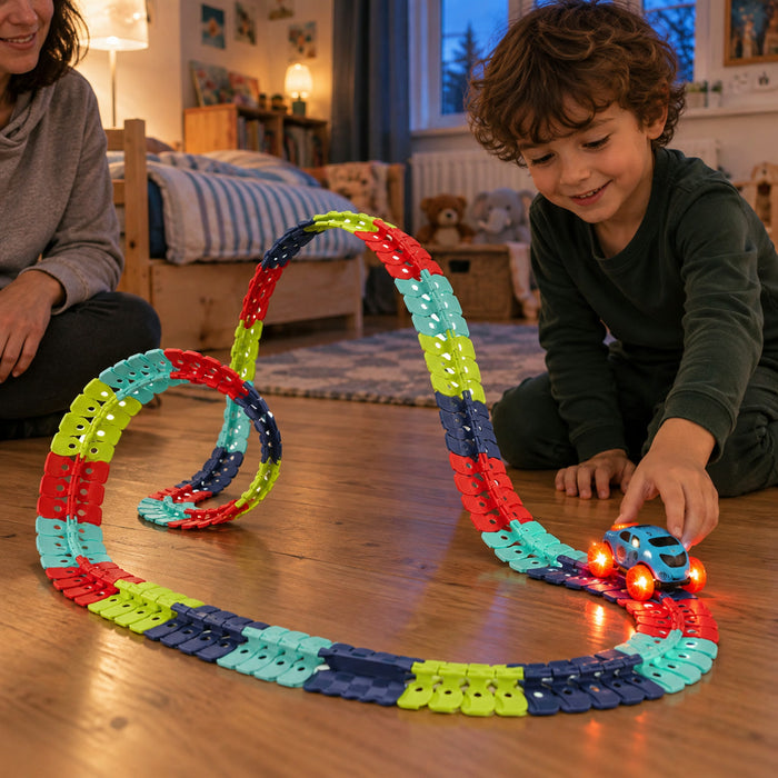 Flexible Leucht-Rennbahn mit LED-Auto für Kinder zum freien Aufbauen im Kinderzimmer – leuchtet im Dunkeln, 92 oder 184 Teile