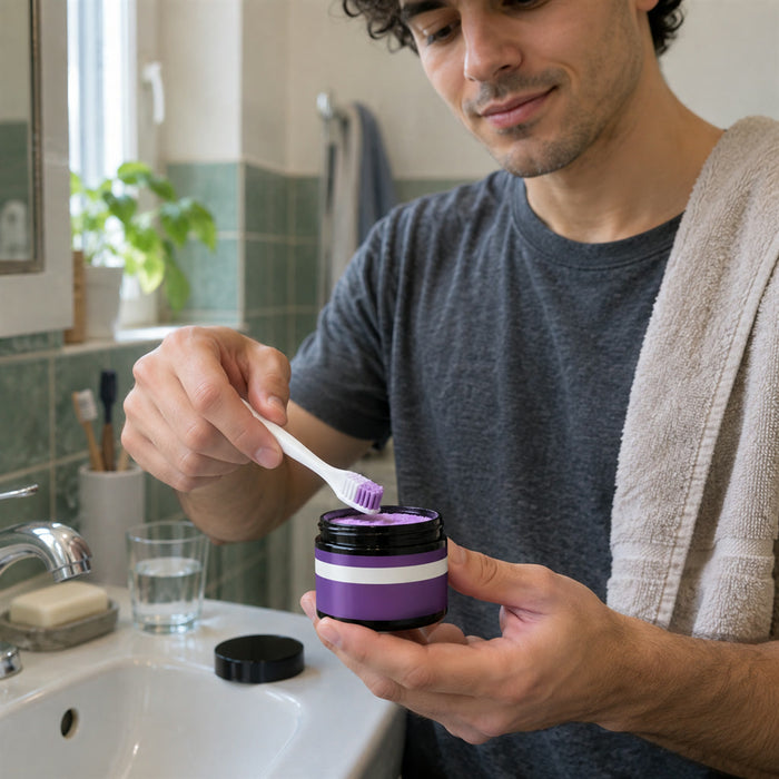 Violettes Zahnpulver mit Minzgeschmack und Natron für die tägliche Zahnpflege – sulfatfrei, Pulverdose, reisetauglich
