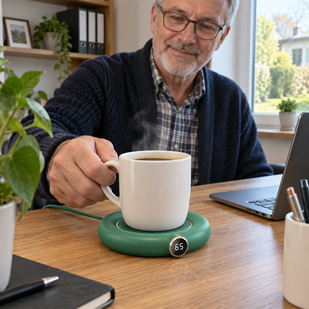 Digitaler Tassenwärmer aus ABS mit 3 Temperaturstufen für Kaffee und Tee am Schreibtisch – 55 bis 75 °C, USB, Display, 3 Farben