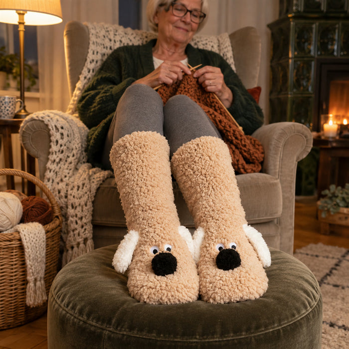Flauschige Kuschelsocken aus Fleece mit Hundegesicht als Beinwärmer für Winter und Sofa – lang, dehnbar, 5 Farben