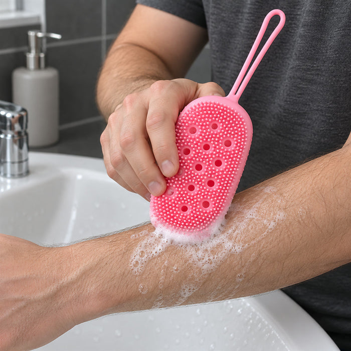 Silikon-Körperbürste mit Seifenspender für Dusche und Bad – beidseitig, weiche Borsten, schnelltrocknend, Aufhängeschlaufe, 4 Farben